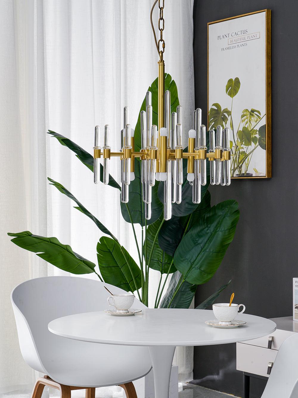 Brass_Chandelier_with_Clear_Glass_Rods_Shade_2 - Oleniva
